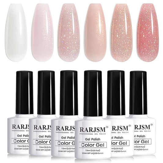 RARJSM Glitter Nude Gel Nail Polish 6pcs Set Shimmery Nail Gel Polish Iridescent Sparkly Gold Rainbow Pigment Jelly Sheer Pink Milky Silver White Translucent Natural Skin Tone Color 7.5ml Soak off