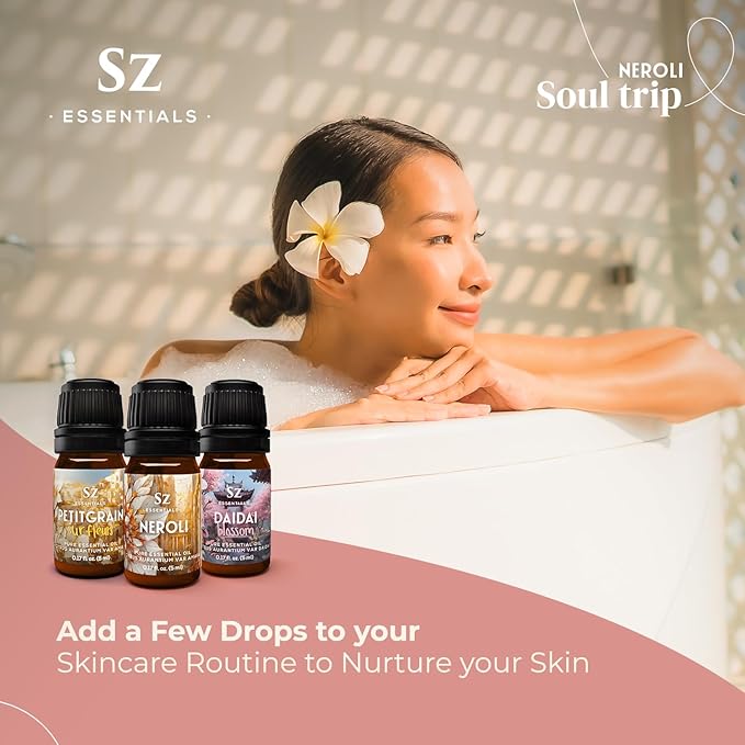 Neroli Soul Trip Essential Oils Collection- Neroli + Petitgrain Sur Fleurs + Dai Dai Blossom -Set of 3 Bottles (0.17 Fl Oz- 5ml each)- 100% Pure & Undiluted - Therapeutic Grade & Vegan