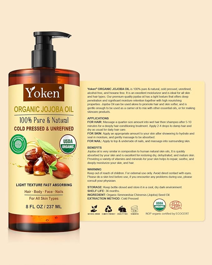Yoken USDA Organic Jojoba Oil Cold Pressed 8 fl oz, 100% Pure & Natural Unrefined Jojoba Oil for Face Hair & Skin Massage, Hexane Free, Deeply Moisturizing Body Carrier oils Multi-Purpose Serum