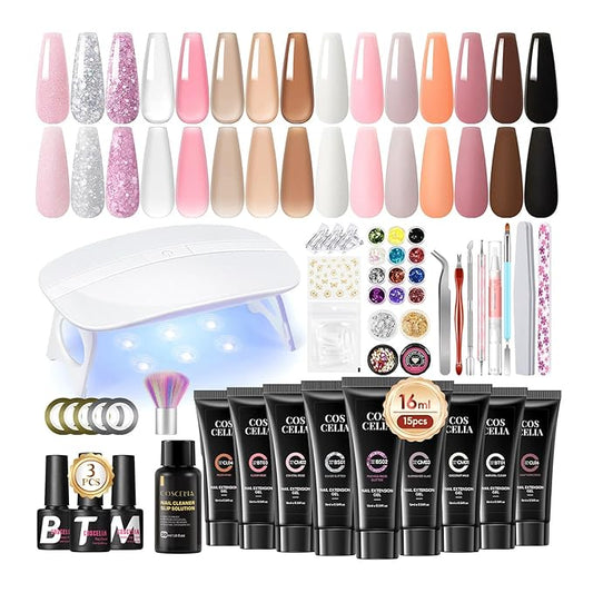 44PC Poly Nail Gel Kit with U V Lamp Starter Kit, 16ML 15 Colors Poly Extension Gel with Light Slip Solution Nail Rhinestones Glitter Decoration Powder Nail Art Kit for Beginners Gifts for Women
