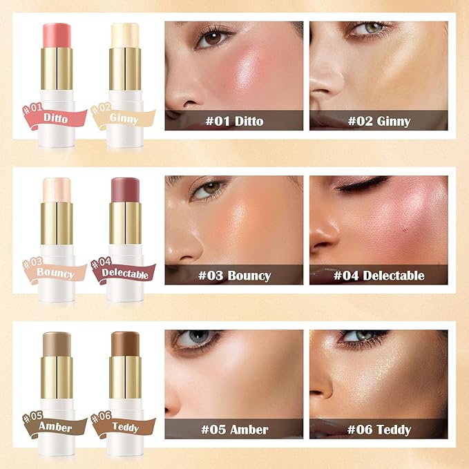 6 Colors Cream Contour Stick Set,Double-ended Cream Bronzer Stick,Highlighter Stick,Blush Stick,Professional Highlighter Makeup Contour Kit,Easy to Sculp Contorno Maquillaje（Set A）