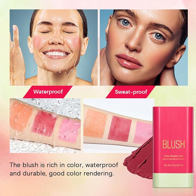 Multi-Purpose Makeup Blush Stick, 3-in-1 Beauty Tinted Solid Blush Stick For Cheeks, Lips And Eyes Waterproof Natural Cream Blush Stick With Long-Lasting Moisturizing Formula (#2Hot Red)