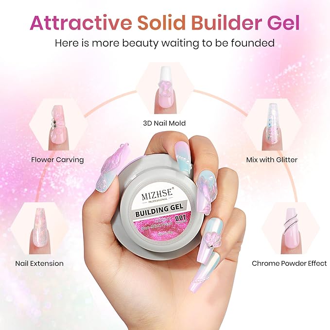 MIZHSE Solid Builder Gel for Nails, Mermaid Pearl 1oz Hard Gel Builder Non Sticky Nail Extension Gels Long Lasting Modeling Sculpture Nail Salon Art Home Use