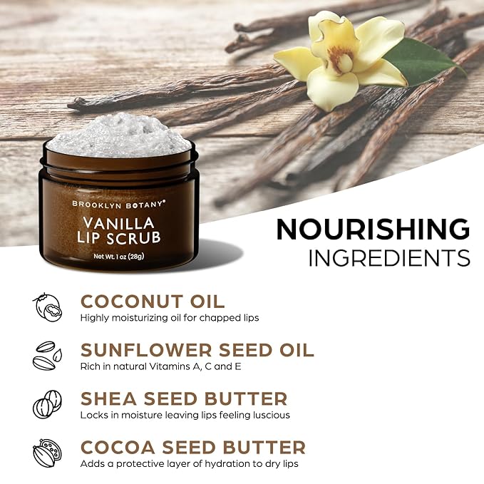 Brooklyn Botany Lip Scrub Exfoliator 1 oz – Lip Moisturizer for Dry Lips and Chapped Lips – Gentle Lip Exfoliator for Smooth and Brighter Lips – Vanilla Flavor