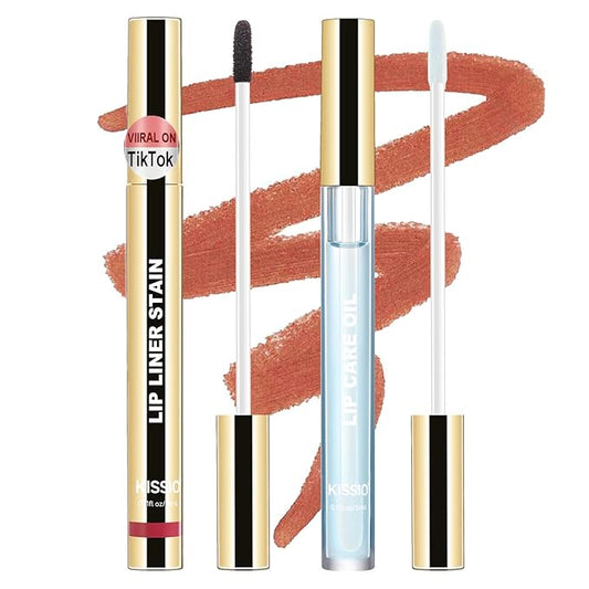 KISSIO Lip Stain Set,Peel Off Lip Liner Stain and Lip Care Oil,Transfer Proof,Long Lasting and Waterproof Lip Tint,Matte Finish,Lip Combo,02 Gray pink