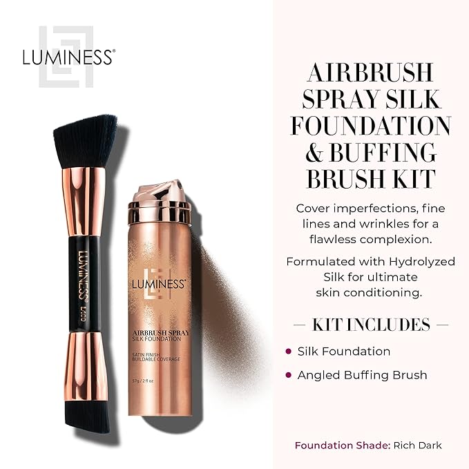 LUMINESS Silk Airbrush Spray Foundation & Buffing Brush Kit – Full Coverage Foundation & Dual-Sided Buffing Brush - Buildable Coverage, Anti-Aging Formula Hydrates & Moisturizes (Shade - Rich Dark)