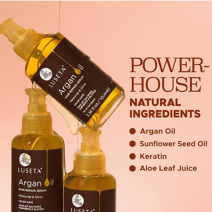 L LUSETA Argan Oil Hair Serum, 100% Pure Argan Oil for Frizzy Control Dry Damage , Repair, Shine Smoothing Strengthening & Nourishing, 3.38 Fluid Ounces