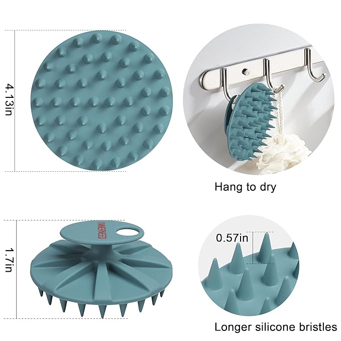 Scalp Massager Shampoo Brush, Wet & Dry Manual Scalp Care Head Scrubber Hair Washing, Soft Silicone Bristles, for Hair Growth, Dandruff Removal, Comfortable for All Hair Types (Dark Green+Gray)