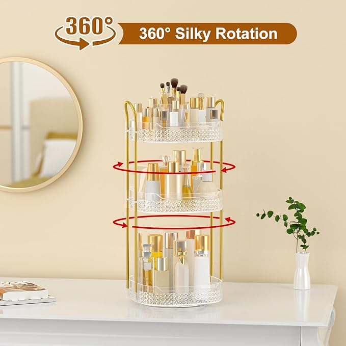 Rotating Makeup Organizer for Vanity 3 Tier, Perfume Organizer with Makeup Brush Holder, Large Capacity Cosmetics Clear Skincare Organizer for Countertop (Transparent)