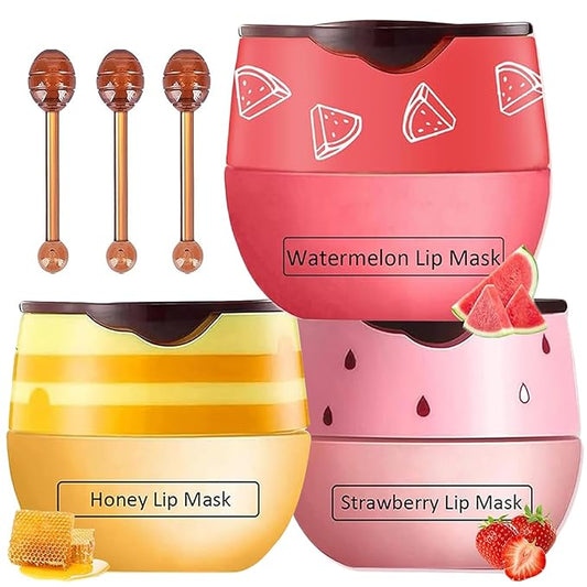 3 PCS Bee Lip Mask Honey Pot Lip Balm,Strawberry Watermelon Lip Mask Overnight Hydrating Dry and Crack Lip Scrubs Exfoliator Propolis Lip Sleeping Mask (Strawberry & Watermelon & Honey)