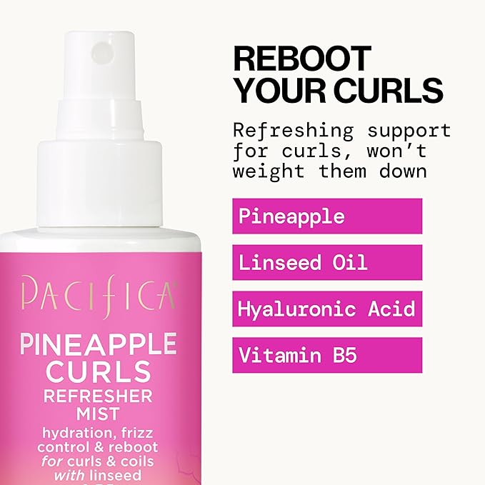 Pacifica Pineapple Curls Refresher Mist Frizz Control Spray & Curly Hair Enhancing -w/Hyaluronic Acid Vitamin B5 & Natural Plant Oils Revitalizes Curls - Vegan Cruelty Free Dermatologist Tested
