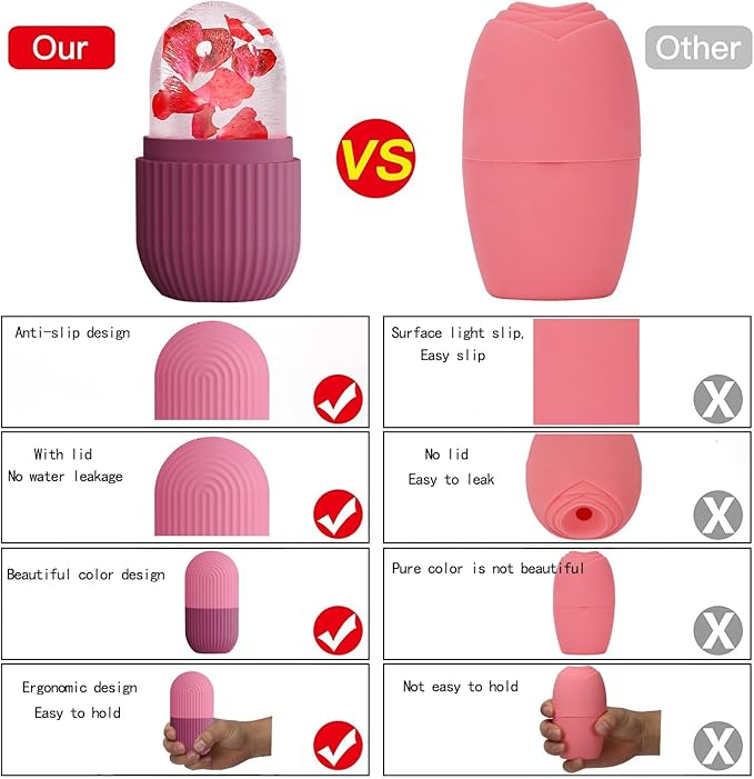 XHJRI Ice Face Roller Massager,Ice Cube Roller for Face, Eyes and Neck Naturally Conditioning and Skin Care,De-Puff Eye Bags,Reduce Migraine Pain,Reusable Massage Silicone Ice Mold (Rose)