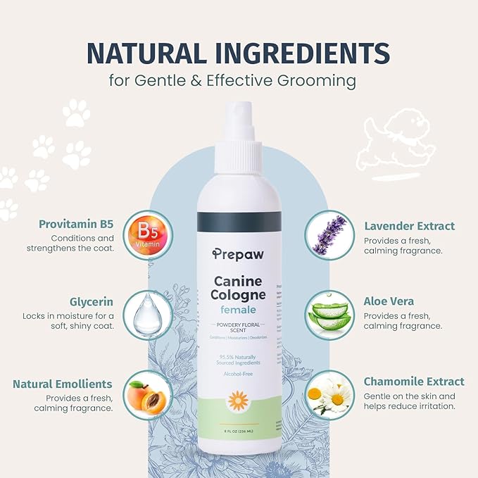 Natural Pet Cologne - Powdery Floral Scent, 3-in-1 Deodorizing, Conditioning & Moisturizing Spray for Dogs & Cats - Long Lasting. Daily Use, 8 fl oz (Female Pet)