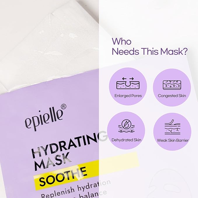 Epielle Hydrating Sheet Mask 6 Pack, Soothing & Restoring Face Mask with Cica, Heartleaf Extract & Witch Hazel Water, Target Dry & Sensitive Skin, Korean Skin Care