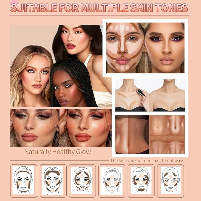 3Pcs Cream Contour Stick, with Highlighter Stick Milk Bronzer Stick Blush Stick, Face Contour Stick Highlighter Makeup with Makeup Brush and Sponge, Easy to Sculpt the Face, Long Lasting