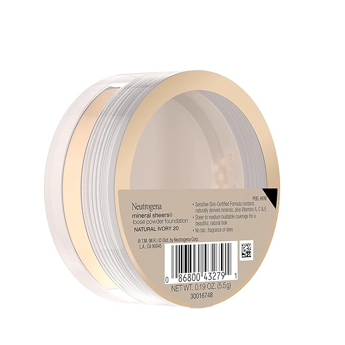 Neutrogena Mineral Sheers Lightweight Loose Powder Makeup Foundation with Vitamins A, C, & E, Sheer to Medium Buildable Coverage, Skin Tone Enhancer, Face Redness Reducer, Natural Ivory 20,.19 oz