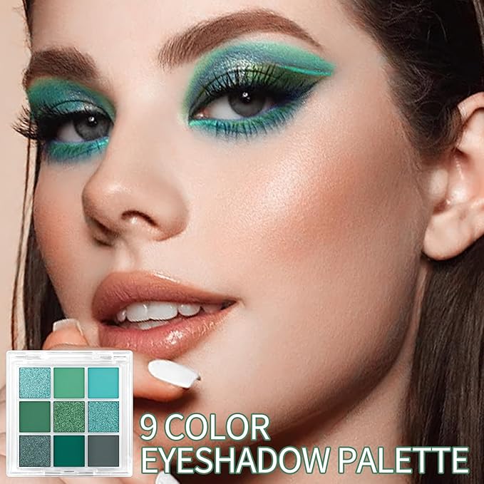 Erinde Matte Shimmer Light Deep Green Eye Shadow Palette Makeup Eyeshadow, Long Lasting Waterproof Cruelty-Free, 9 Blendable Shades Smooth Finishes Powder with Gorgeous Pearls for Girls