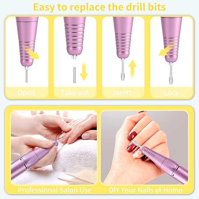 Portable Nail Drill Professional 35000 RPM, MOCOWIND Rechargeable Electric Nail File Machine for Acrylic Nails Gel Polishing, Cordless E-File with Bits Kit for Manicure Salon Home, Yellow & Purple