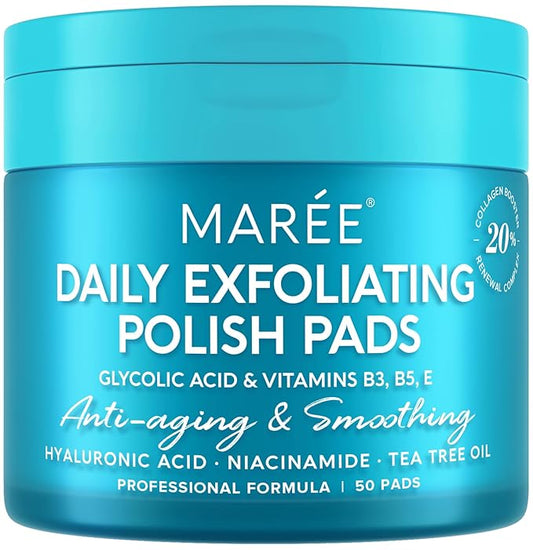 MAREE Glycolic Acid Polishes - Toner Pads for Face Cleansing - Tea Tree Oil, Salicylic Acid & Vitamins E, B3, B5 - Facial Peel & Radiance Deep Cleaning Effect - 50 Count