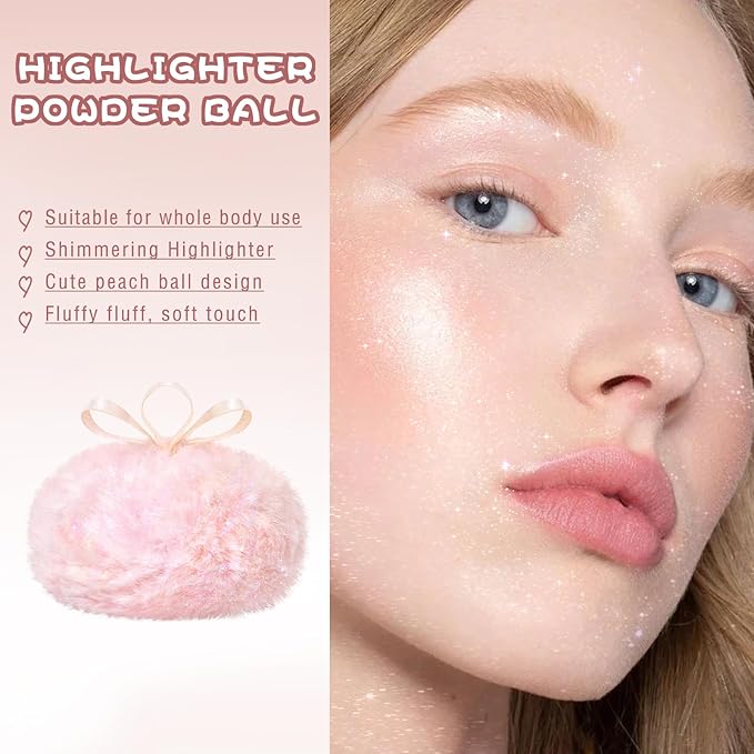Highlighter Makeup Powder Plush Peach Ball Puff Glitter Shimmer Sparkle Loose Patting Powder for Body Face Hair Multi-Use High Gloss Shine Bright Illuminator Makeup Glossy Diamond Glow