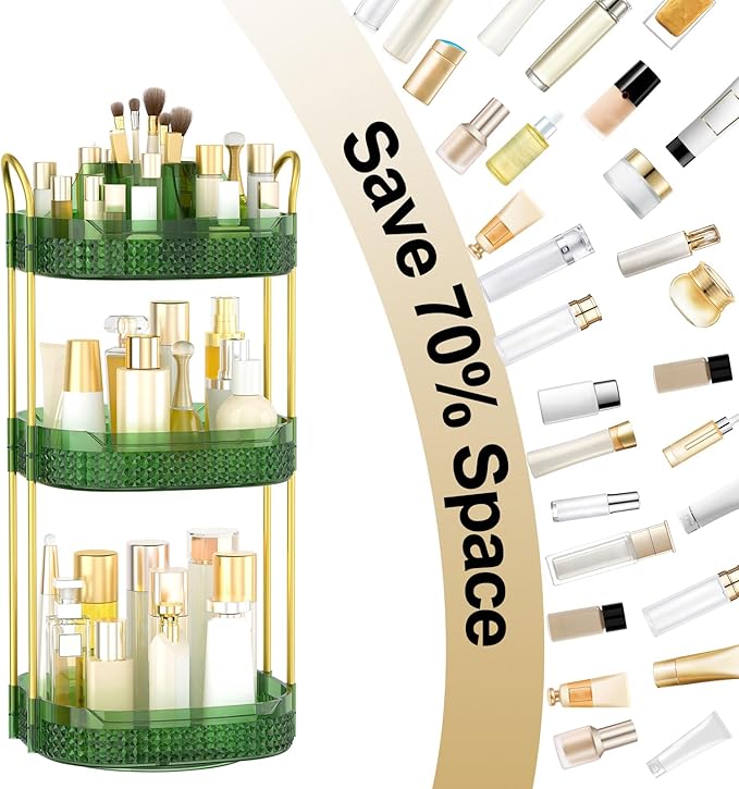 Rotating Makeup Organizer for Vanity 3 Tier, Perfume Organizer with Makeup Brush Holder, Large Capacity Cosmetics Clear Skincare Organizer for Countertop (Green)