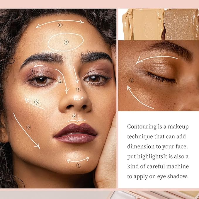 Pro Cream Highlight and Contour Palette Kit with Mirror & Brush for Women. White Silver Gold Highlight Brown Face Correcting Concealer Palette