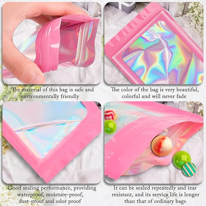 ANZNKU 100 Pcs Smell Proof Mylar Resealable Bags, Holographic Packaging Bags, Resealable Odor Foil Pouch Zip Bag with Clear Window for Food Storage and Lipgloss, Jewelry Lash (Pink, 3.9 x 7.1 Inch)