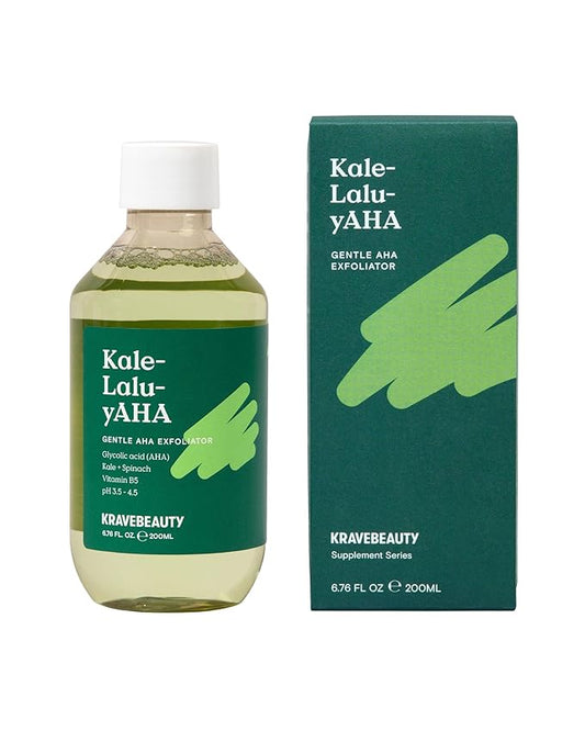 Krave Beauty Kale-Lalu-yAHA - Gentle 5.25% AHA Exfoliator with Glycolic Acid, Hyaluronic Acid, and Vitamin-Rich Kale for Texture, Discoloration, and Dead Skin Cells, Vegan and Cruelty-Free, 6.76 fl oz