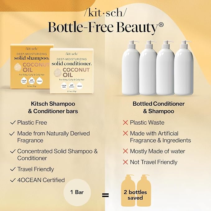 Kitsch Coconut Oil Shampoo and Conditioner Set – Deep Moisturizing Shampoo and Conditioner Bar for Dry Damaged Hair – Hydrating Solid Bars for Curly, Coily & Color Treated Hair – Made in USA