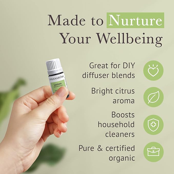 Pranarom USDA Certified Organic Lemon Essential Oil (5ml), 100% Pure Undiluted Therapeutic Grade from Argentina for Aromatherapy, Diffuser, DIY, Cleaning, Fresh Lemon Scent