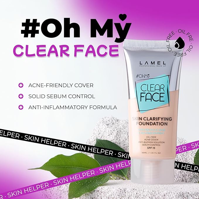 LAMEL OhMy Clear Face Full Coverage Foundation - Acne Coverage - Salicylic Acid & Tea Tree Extract - Dewy & Flawless Finish - Sensitive Skin Care - Organic & Oil-Free - 401, 1.35 fl.oz