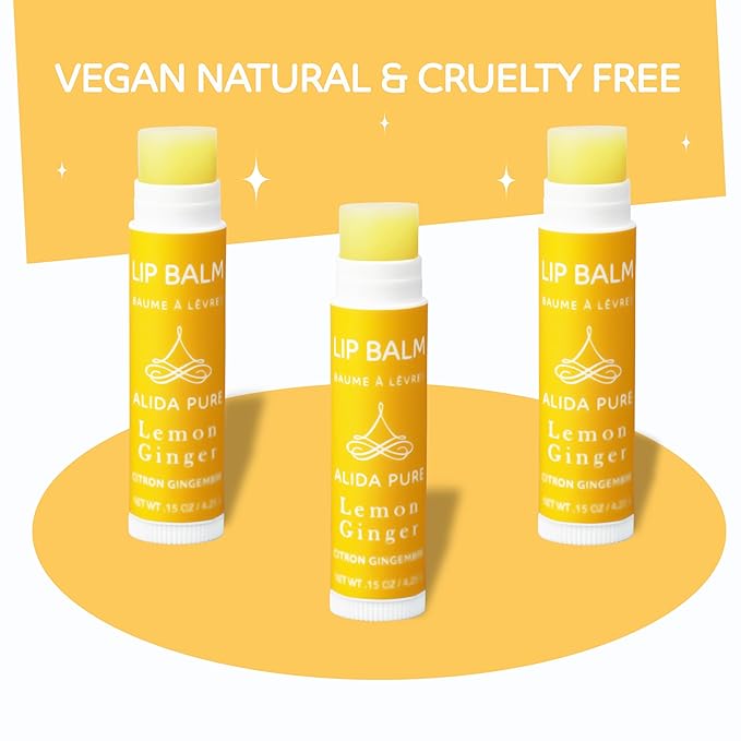 Lemon Ginger Lip Balm Collection, Vegan Lip Balm Set, Bees Wax Free, with Avocado Oil, Organic Jojoba Oil, Vitamin E, Natural Moisturizer For Dry, Cracked, or Chapped Lips, 3 Tube Set
