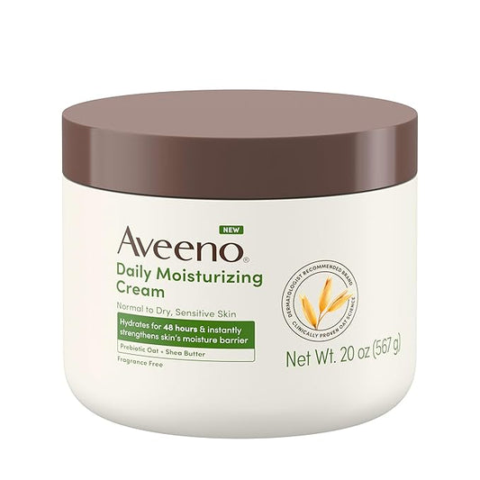 Aveeno Daily Moisturizing Cream with Prebiotic Oat & Shea Butter for Body, Face & Hands Moisturizer Cream, Hydrates Normal to Dry, Sensitive Skin, Fragrance Free, Non-Comedogenic, 20 oz