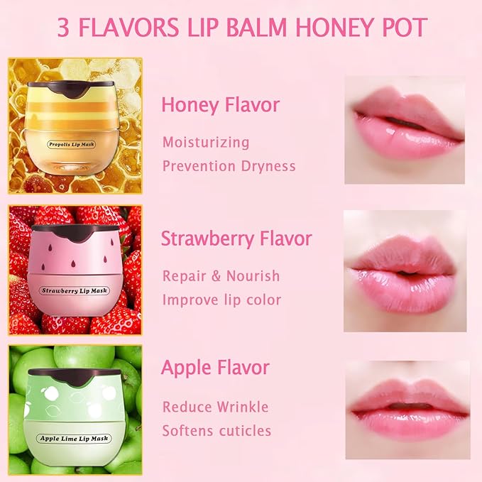 Bee Lip Balm Honey Pot, Apple Lime Sleeping Lip Mask Overnight Hydrating Dry and Crack Lip Exfoliator Scrubs Propolis Lip Balm (Apple Lime)