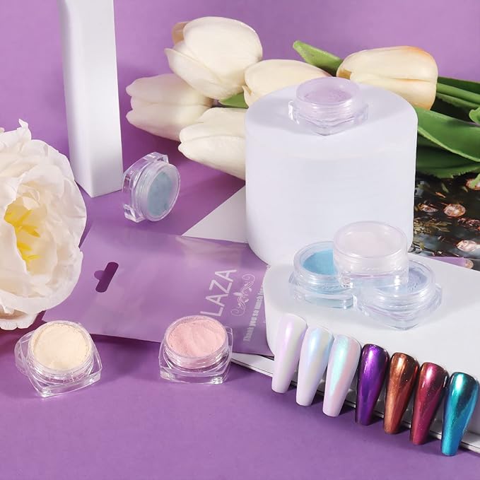 Laza Mermaid Pearl Chrome Nail Powder, 8 Colors Metallic Mirror Effect Pigment, Iridescent Aurora Nail Glitter Dust Kit for Gel Nail Art Decoration, Resin Craft, Gifts - Sweet Candy