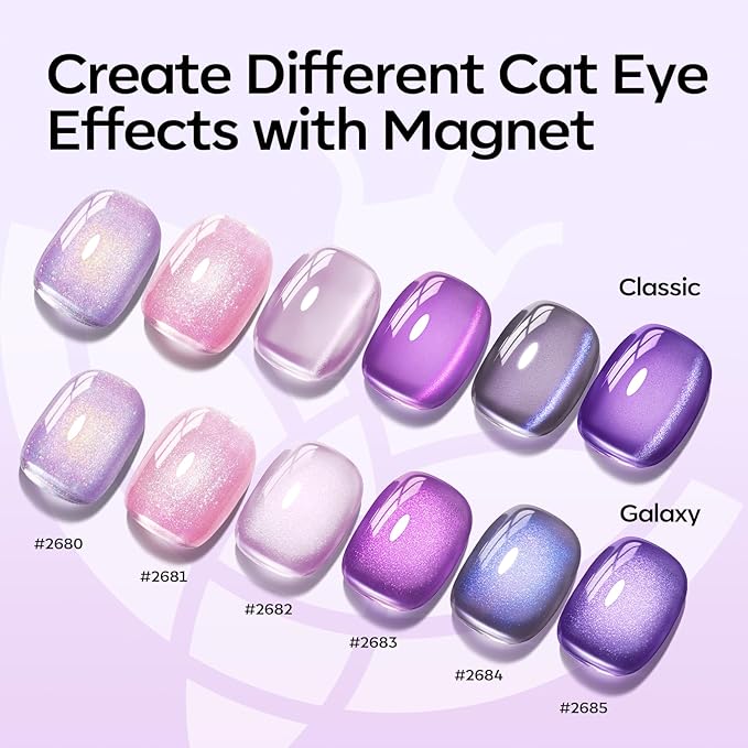 modelones Cat Eye Gel Nail Polish, 6 Colors Purple Pink Glitter Gel Polish Set with Magnet Sparkle Galaxy Series Nail Polish Kit Soak Off Led Nail Art Manicure Salon DIY Gifts