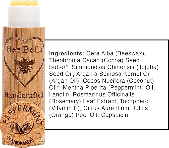 Bee Bella Lip Balm, Peppermint, 3 Pack - Hydrating, Moisturizing Lip Care, 100% Natural, Original Organic Beeswax with Vitamin E, Handmade in USA