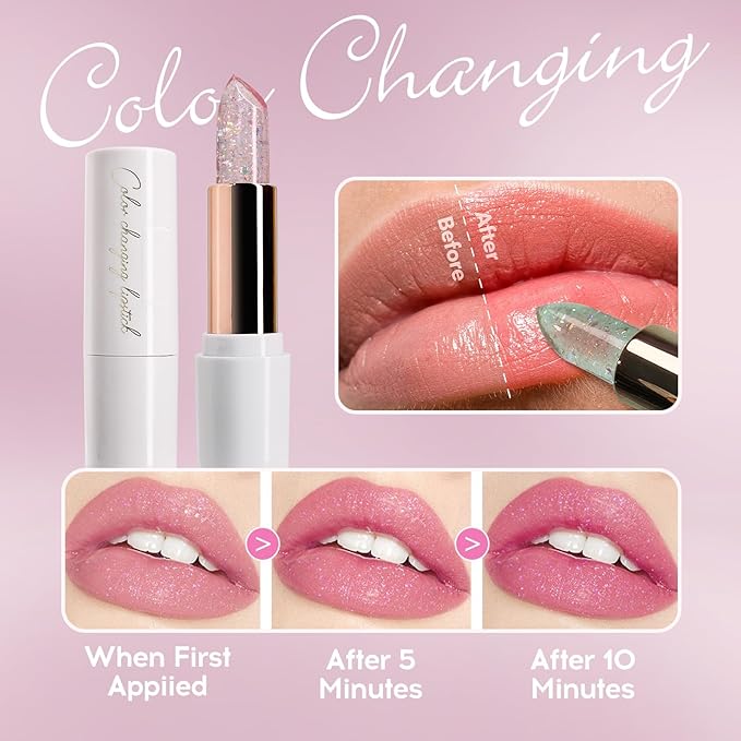 Pink Shimmer Lipstick, Ph Mood Magic Color Changing Lip Balm Plumping Glimmer Glow Lipstick Hydrating Lip Glow Oil Lasting Tinted Lip Balm Moisturizing Lips Care Temperature Jelly Lipstick(3#)