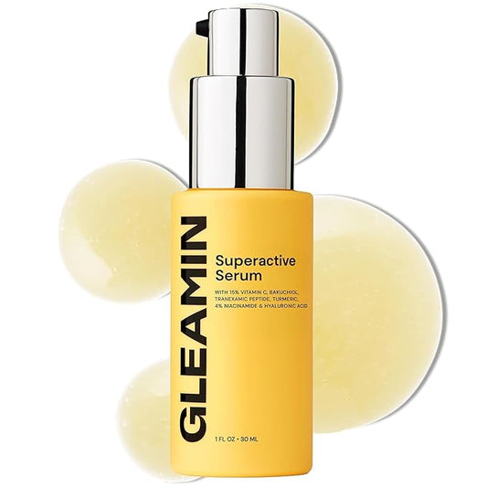 Gleamin Superactive Vitamin C Serum for Face with 15% Vitamin C, Niacinamide, Bakuchiol & Hyaluronic Acid – Skin Brightening Facial Serum for Women & Men – Dark Spot Remover & Radiant Glow – 1 fl oz