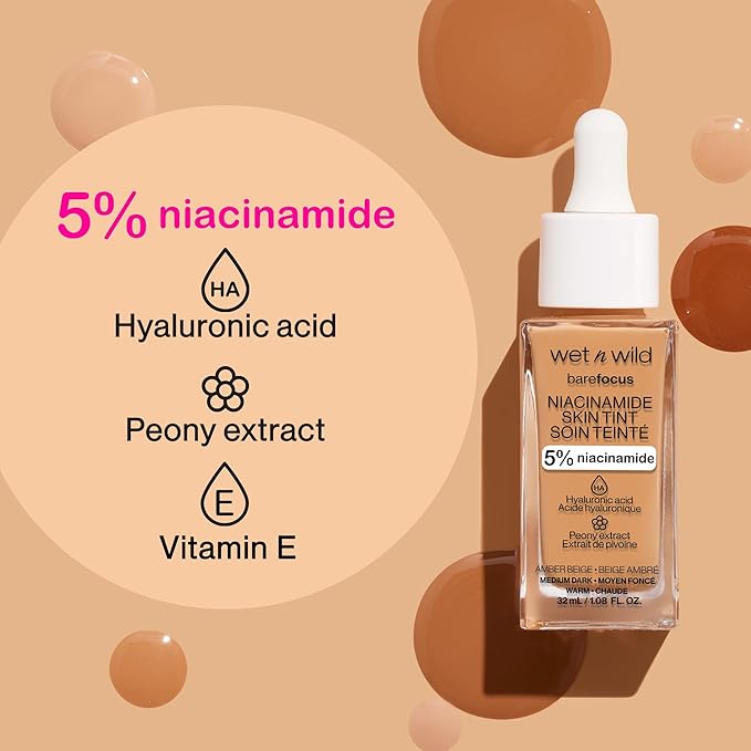 wet n wild Bare Focus Skin Tint, 5% Niacinamide Enriched, Buildable Sheer Lightweight Coverage, Natural Radiant Finish, Hyaluronic & Vitamin Hydration Boost, Cruelty-Free & Vegan - Chestnut
