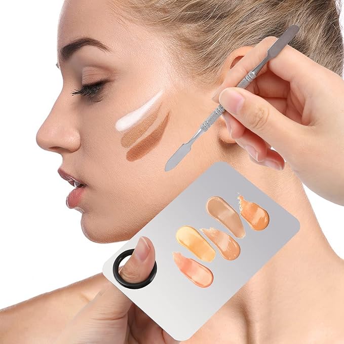 2 Sets Foundation Palette Makeup Mixing Palette Stainless Steel Cosmetic Mixing Palette with Spatula Makeup Artist Tool for Mixing Foundation Eye Shadow Eyelash Nail Art (4.52 x 2.99 inch)