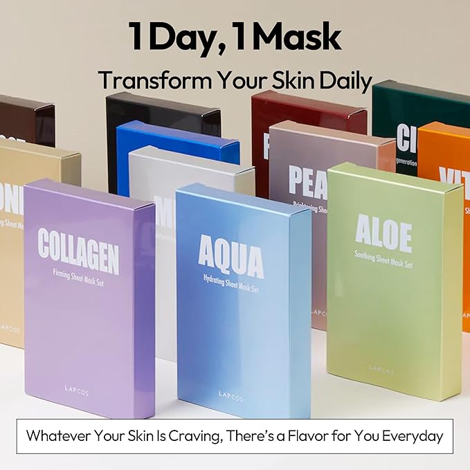 LAPCOS Collagen Sheet Mask, Firming Daily Face Mask with Collagen Peptides for Anti-Aging, Helps to Minimize Wrinkles, Restores Skin Elasticity & Firmness, Korean Beauty Favorite, 5-Pack