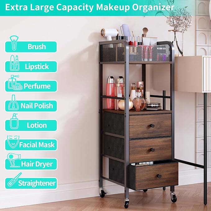 HapiRm Rolling Makeup Cart Organizer - Floor Skincare Make Up Storage with 3 Drawers, Vanity Organizer Cosmetic Display Cases Holder for Skin Care Perfume Nail Polish Brush Hair Tool