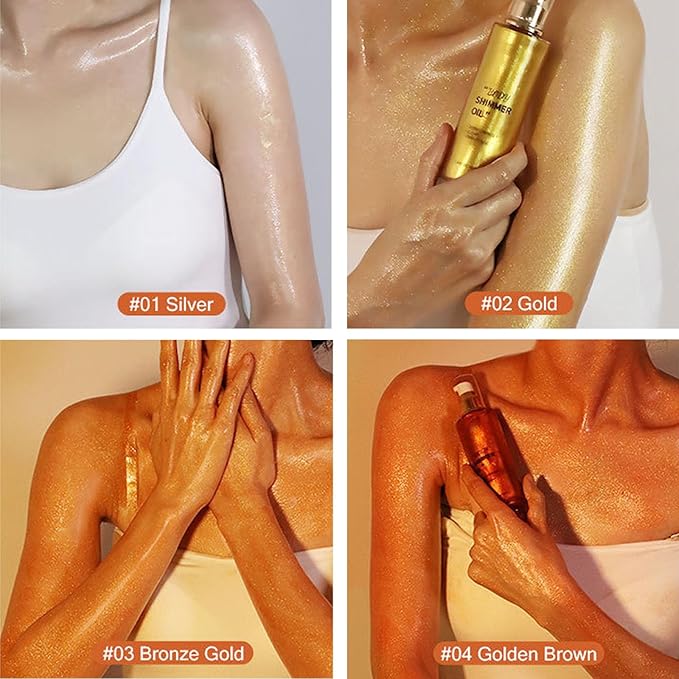 Shimmer Body Oil-Pearl White Face Brighten Glow Pearl Highlighter Liquid Illuminator Body Glow Oil,4 Color Bronze Makeup Glitter Body Shimmer Oil with Makeup Brush