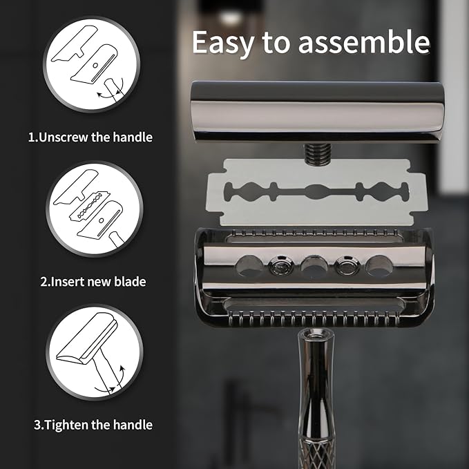 Shiny Gun Black Double Edge Safety Razor, Single Blade Razors for Men and Women, with 10 Stainless Steel Safety Razor Blades, Reusable, Smooth and Close Wet Shaving Kit, Plastic Free