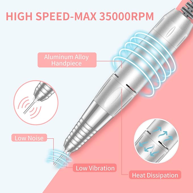 Portable Nail Drill Professional 35000 RPM, MOCOWIND Rechargeable Electric Nail File Machine for Acrylic Nails Gel Polishing Removing, Cordless E-File with Bits Kit for Manicure Salon Home, White