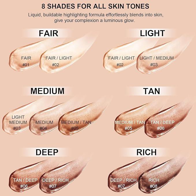 Natural Glow Liquid Filter Makeup, Longwear Face Luminizer, Complexion Booster For Any Part of the Body, Liquid Highlighter with Brush Kit, Infused Hyaluronic Acid, 1.06 fl oz (#05 MEDIUM/TAN)