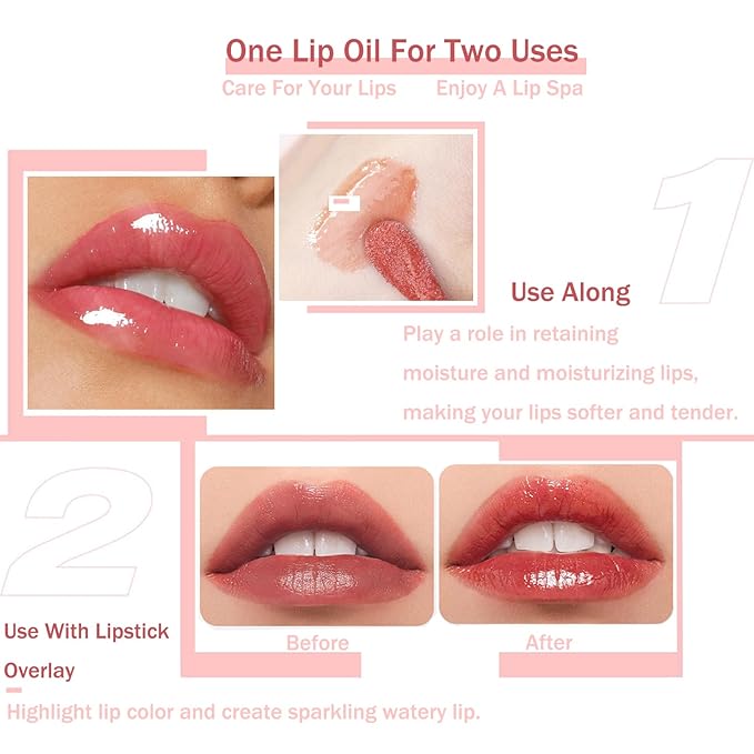 Plumping Lip Oil, Moisturizing Lip Glow Oil, Long Lasting Nourishing Lip Gloss Lip Balm, Non-sticky Transparent Toot Lip Oil Tinted for Lip Care and Dry Lip - Raspberry