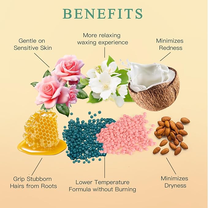 Wax Beads for Hair Removal, Bouvetan 1.3Lb/21oz Hard Waxing Beads for Brazilian Waxing, Waxing Beads for Eyebrow, Face, Bikini, Legs, Arms for Women Men Hair Removal with 10pcs Spatulas, 6 Packs