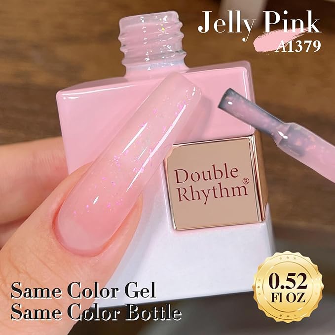 Double Rhythm Gel Polish Translucent Sheer Neutral Natural Light Milky Same Color Same Bottle 15ML Jelly Polish Art DIY at Home (Milky Pink Glitter-A1379)
